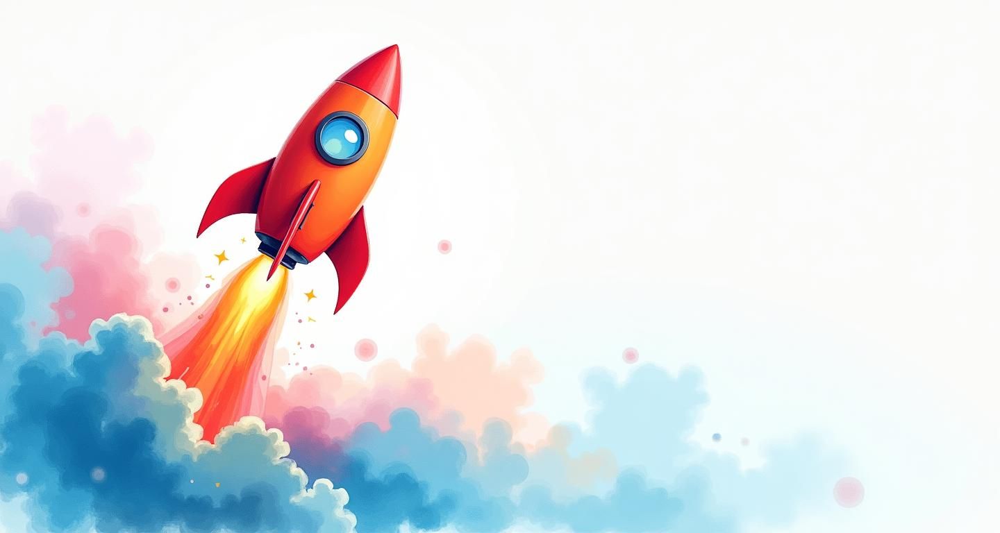 A watercolour style image of a rocket taking off.