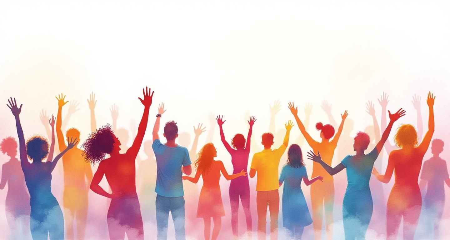 A crowd of people in a vibrant watercolour style